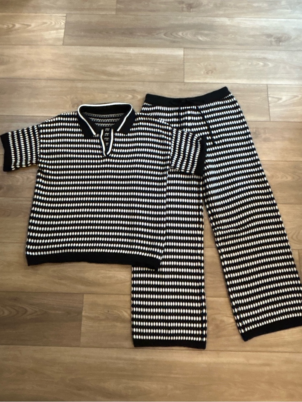Women’s Black White Knit 2 Piece Lounge Set Polo Sweater Wide Leg Pants XL